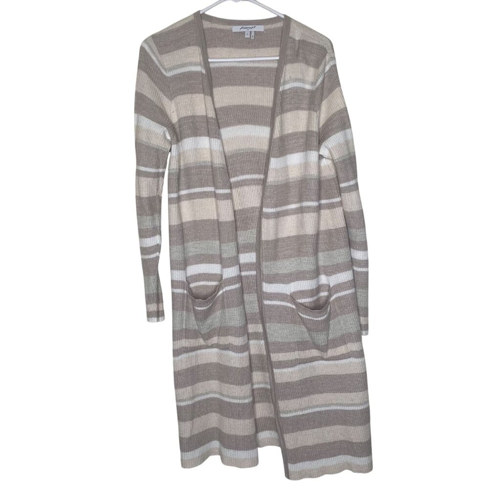 Foxcroft NYC Long Open Knit Cardigan Womens S Tan‎ Beige Striped Lightweight